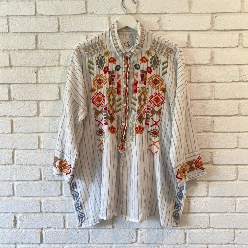 Johnny Was Clapton Stripe Blouse Embroidered Linen Cotton Blend White Medium
